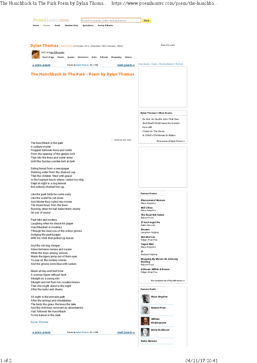 The Hunchback In The Park Poem by Dylan Thomas Poem