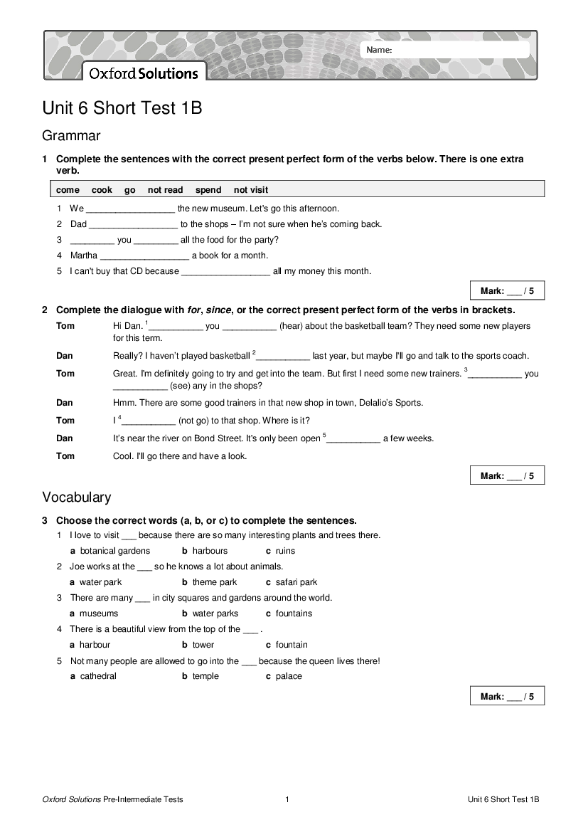 Oxford Solutions PreInt Short Test Unit 6 1B Pobierz pdf z Docer.pl
