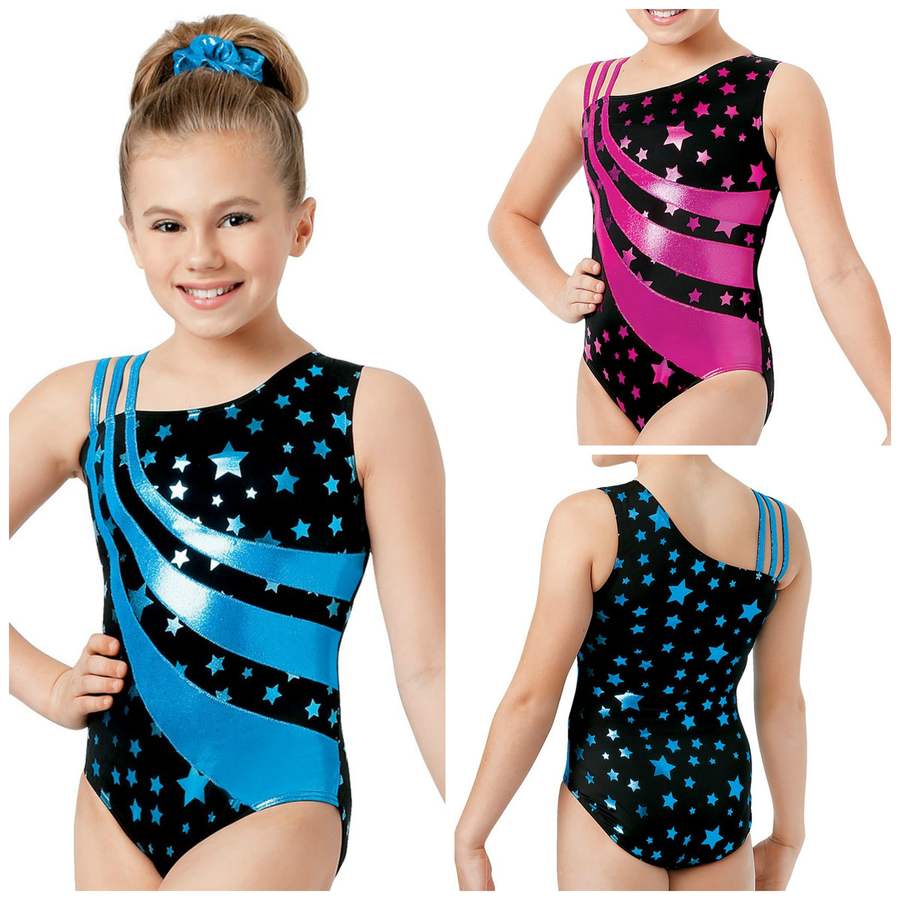 NEW Tri Strappy Asymmetrical Stars Foil Slash Gymnastics Leotard