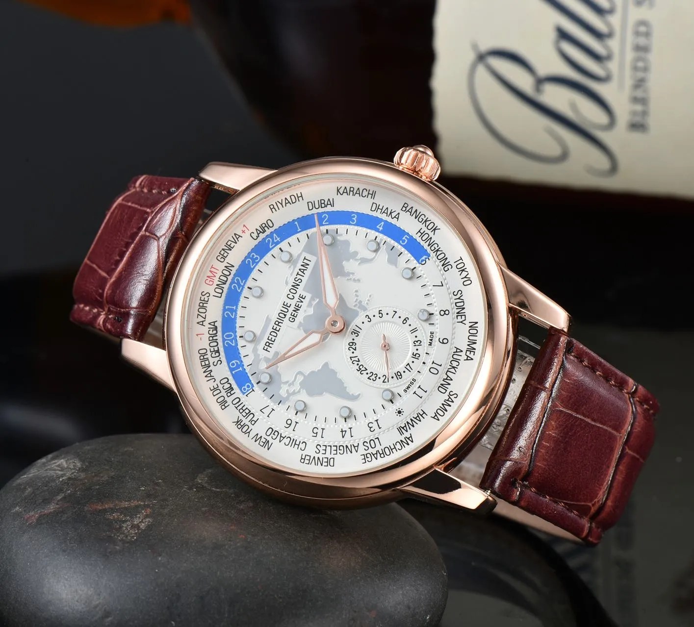 World Time Series Mens Automatic Chronograph Watch With Leather A Strap