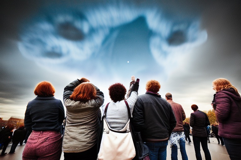 a Crowd of people looking at the sky as an alien monster appears
