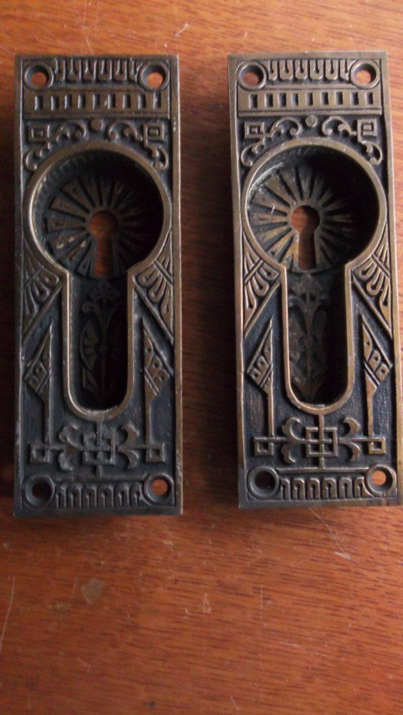 Two Antique Fancy Victorian Eastlake Brass Pocket Door Pulls Pull