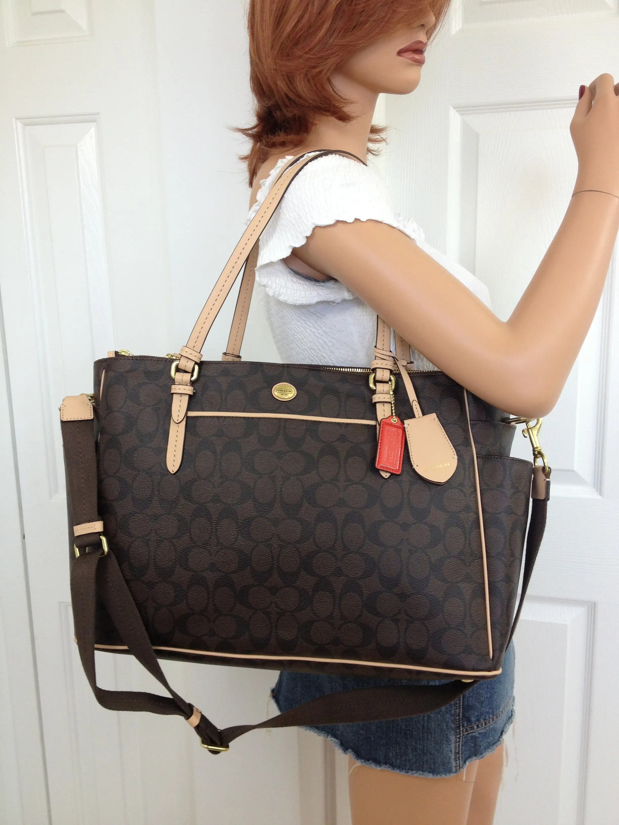 NWT COACH BROWN BABY DIAPER BAG SIGNATURE LAPTOP CROSSBODY TOTE PURSE