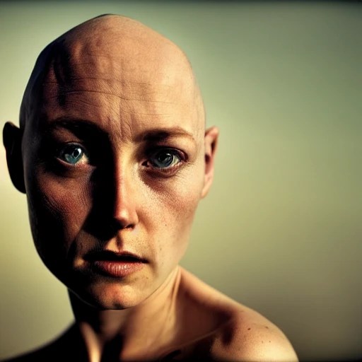full body, woman, no hair, naked, genitals, amazed, focus face, photo, ambient light, Canon 14mm