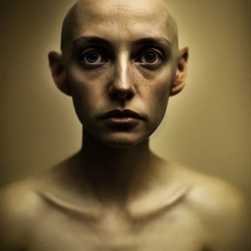 full body, woman, no hair, naked, deep eyes, strange, different, not easy, photo, ambient light