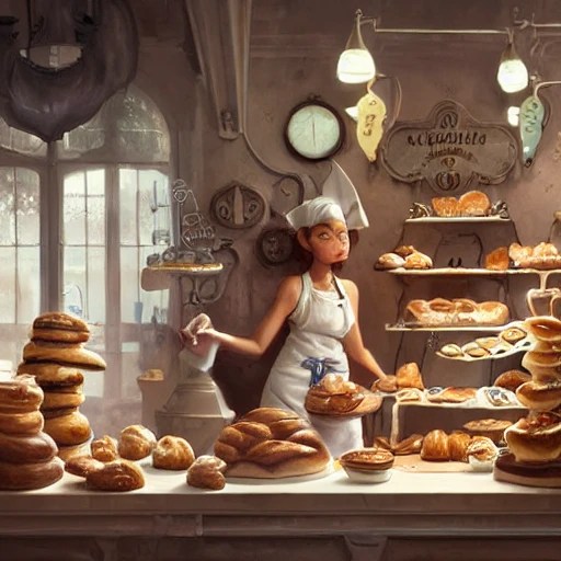 cute scene inside a fantasy bakery, a short thin cute baker wear