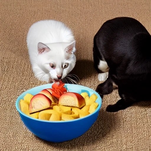 A chubby dog sharing foods with skinny cat on a bowl Arthub.ai