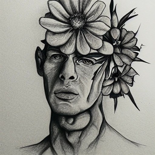 flower,head man, Pencil Sketch Arthub.ai