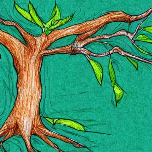 Beautiful tree, branch, leaf, roots, Pencil Sketch, Color Arthub.ai