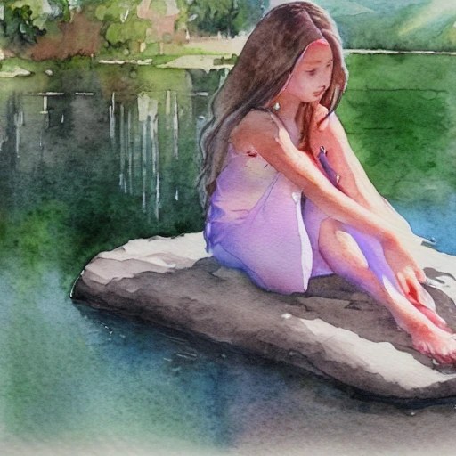 girl, high definition watercolor painting of flowers by the lake