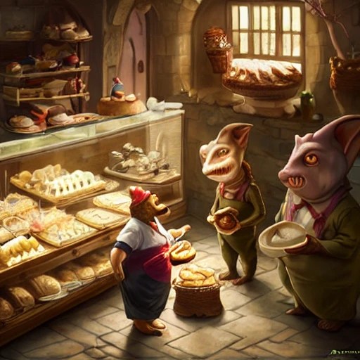 cute scene inside a fantasy bakery, a short fat obese kobold bak