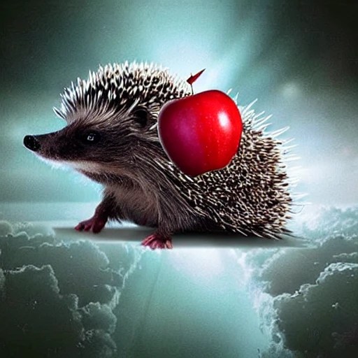 cute, beautiful hedgehog with a hat, carrying the red apple pic