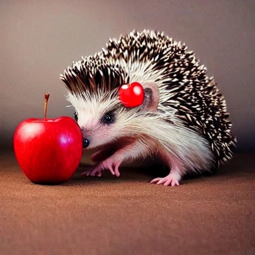 cute, beautiful hedgehog with a hat, carrying the red apple pic
