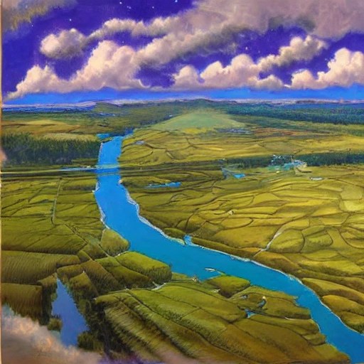 two rivers join, serene landscape, overhead view, fantasy art Arthub.ai