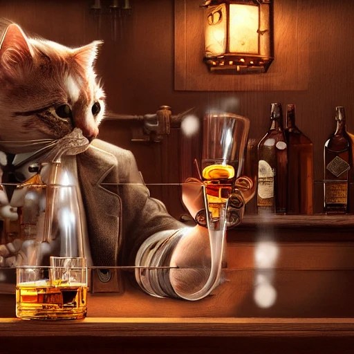 cat drinking whisky in a bar, highly detailed, concept art, 4k