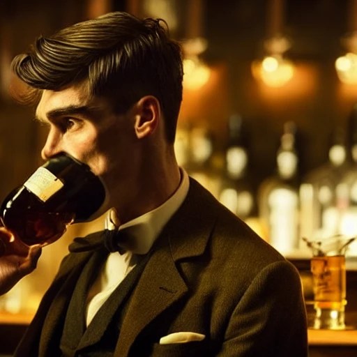 a cat drinking whisky in a bar with thomas shelby, highly detail