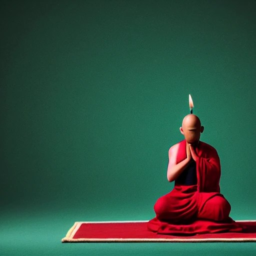 monk praying to green and red candlesticks, cinematic, 4k, blurr
