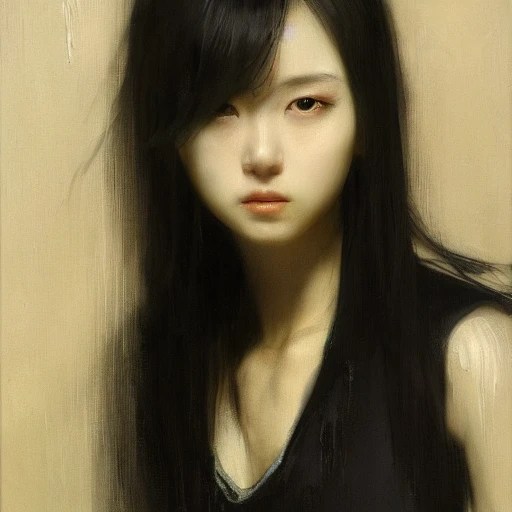Ruan Jia, female student, night, highdetail face, oil painting