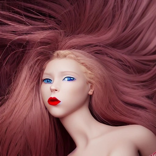 beautiful 18 year old girl, blonde, windblown hair, white skinned, naked, big red lips, highly