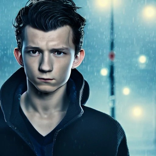 Tom holland, night, high detail face, black hair, perfect eyes