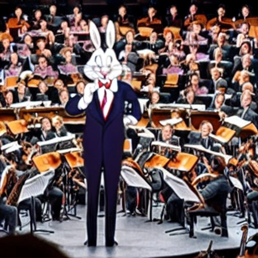bugs bunny in a suit conducting an orchestra at the Hollywood bo