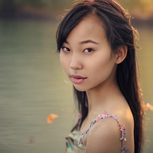 closeup portrait of 1 pure young asian girl, standing by a river in the spring season with