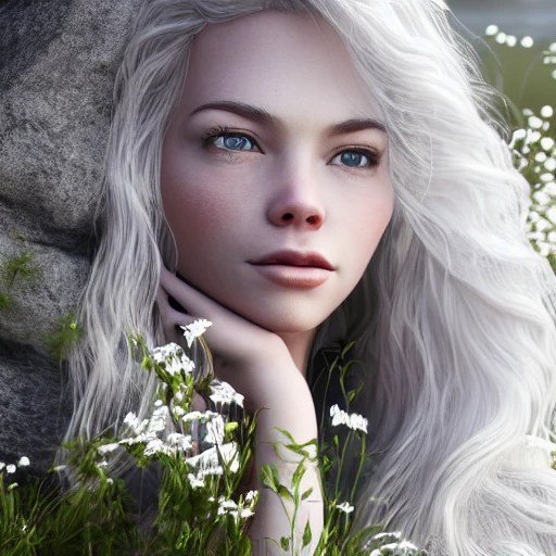 closeup portrait of Elsa Jean, standing by a river in the spring... - Arthub.ai