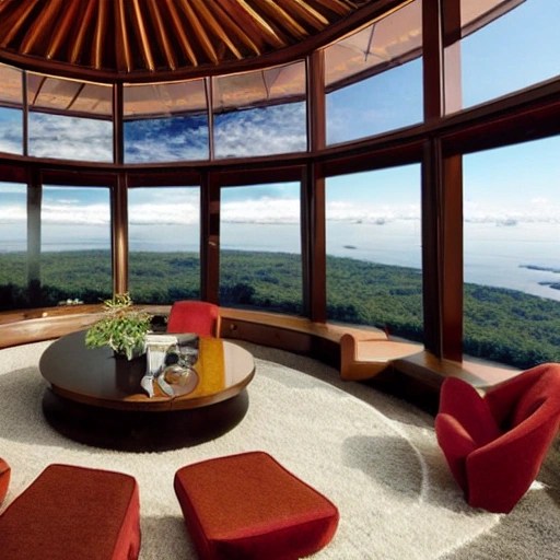 This cozy living room on a spaceship features a large, hexagonshaped