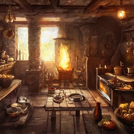 Interior Eye level view of a European, fantasy kitchen with a ro