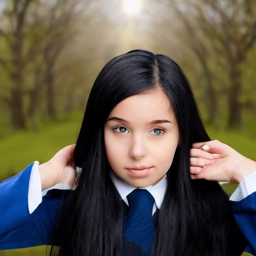 beautiful young girl standing in the forst, long black hair, whi