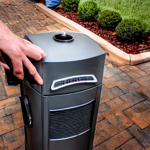 person turning on a propane patio heater, realistic style, type