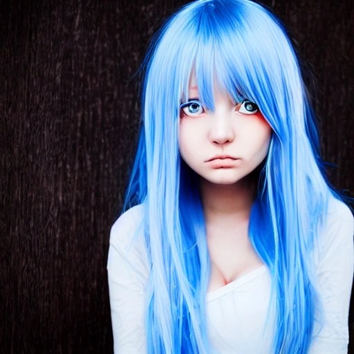 Beautiful anime girl with long light blue hair，red eyes,a cold e