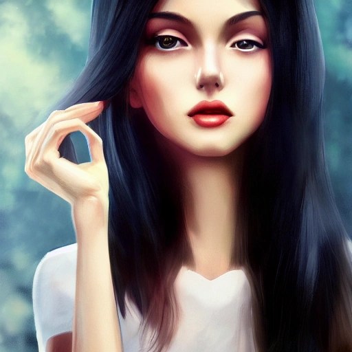 pretty girl face, long black hair, tall skinny full body, standi