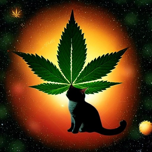 cat meditating on marijuana leaf in outer space Arthub.ai