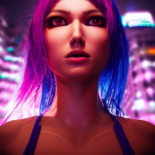bikini girl, detailed face, spotlight, cyberpunk city, wired, mu