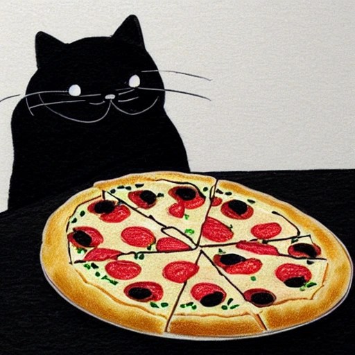 a 3d drawing of a black and white fat cat eating pizza, 60 whit