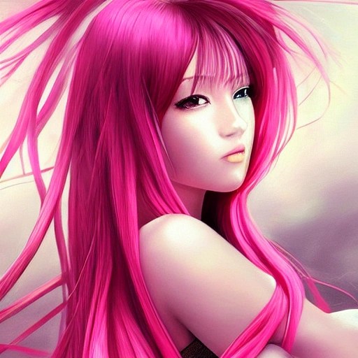 pretty girl face, long pink hair, detailed, Anime, Glamor Shot
