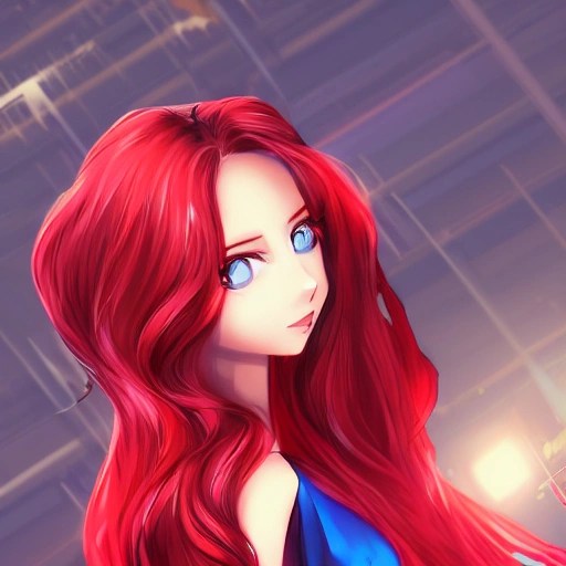 blonde woman blue eyes wearing a long flowing red dress, future