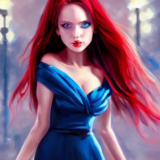 blonde woman blue eyes wearing a long flowing red dress, future