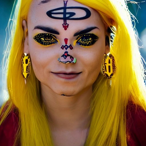 a cheerful girl with bright yellow hair, yellow Ashaped earring