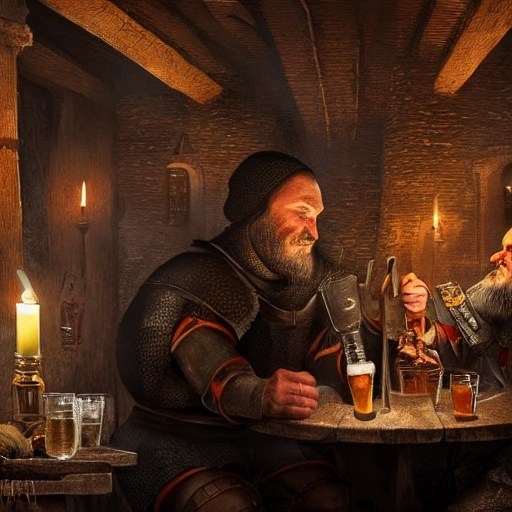 A male knight drinking beer in a medieval tavern with a dwarf, c