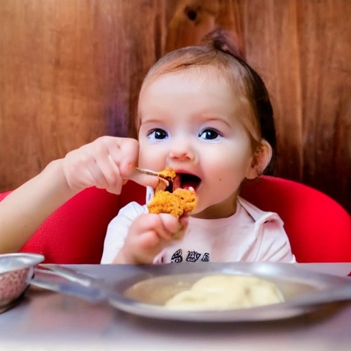 A cute baby girl eating fried chicken Arthub.ai