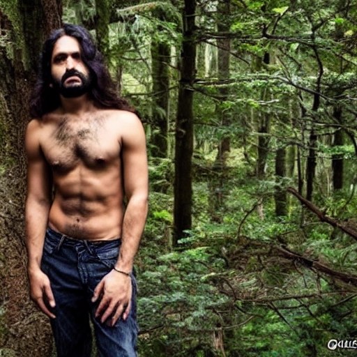 latin men, long hair, hairy chest, nude in forest - Arthub.ai