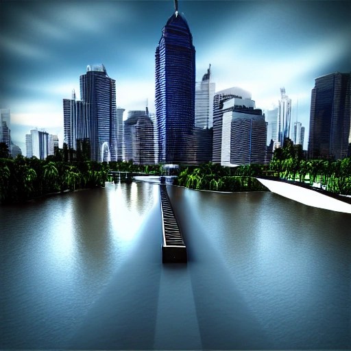River, Road, city, 3D, skyscraper Arthub.ai