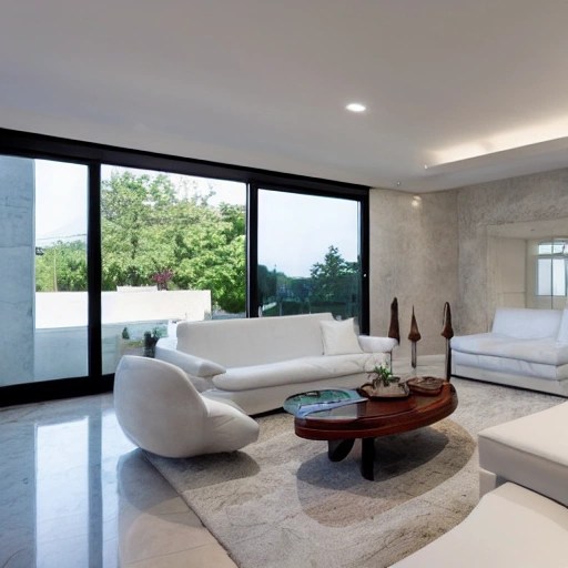 A modern living room with a beautiful white marble table between