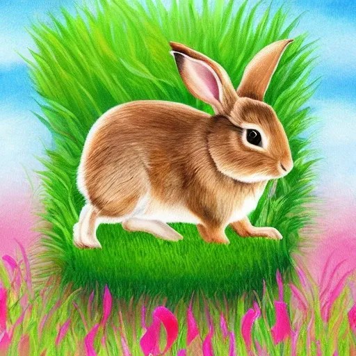 Create a childbookstyle painting of an rabbit eating grass Arthub.ai