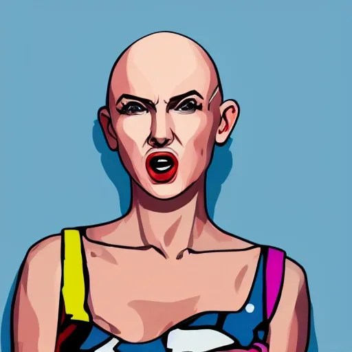 female blue eyes, cute, bald, pop art, concept art, white backgr