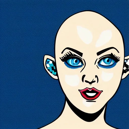 female blue eyes, cute, bald, pop art, concept art, white backgr