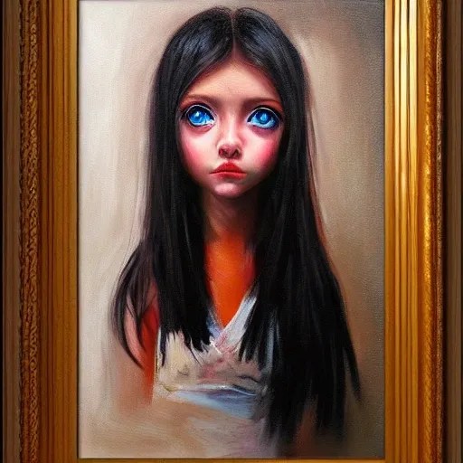 , 3D, girl, big eyes, black hair, brave, Oil Painting Arthub.ai