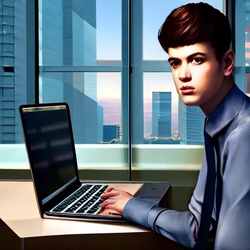 realistic office, giant glass, portrait european teen boy with l